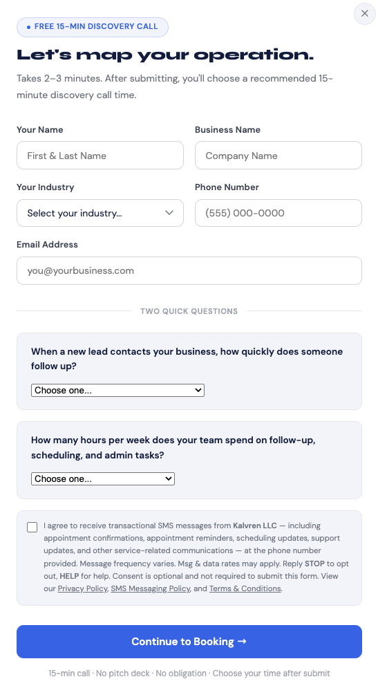 Kalvren Discovery Call form showing SMS consent checkbox